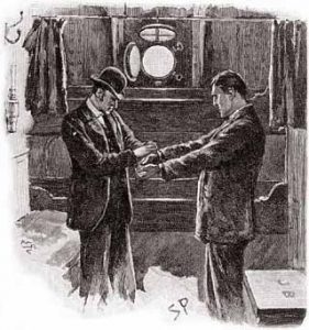 Inspector Lestrade, a member of the Scotland Yard police, handcuffing a suspect