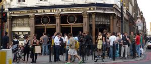 Participants in a Ripper walking tour gather at the historic Ten Bells pub in Commercial Street in London's East End. Photo by Steven Doyle.
