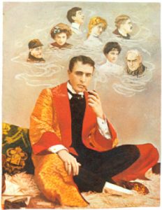 A cigarette card featuring Gillette as Holmes surrounded by faces of his disguises