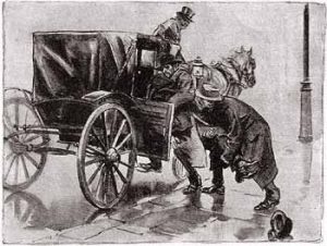 Two men carry a third into a carriage, while the driver watches.
