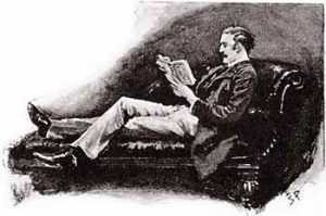 Watson sits on a sofa reading a book.
